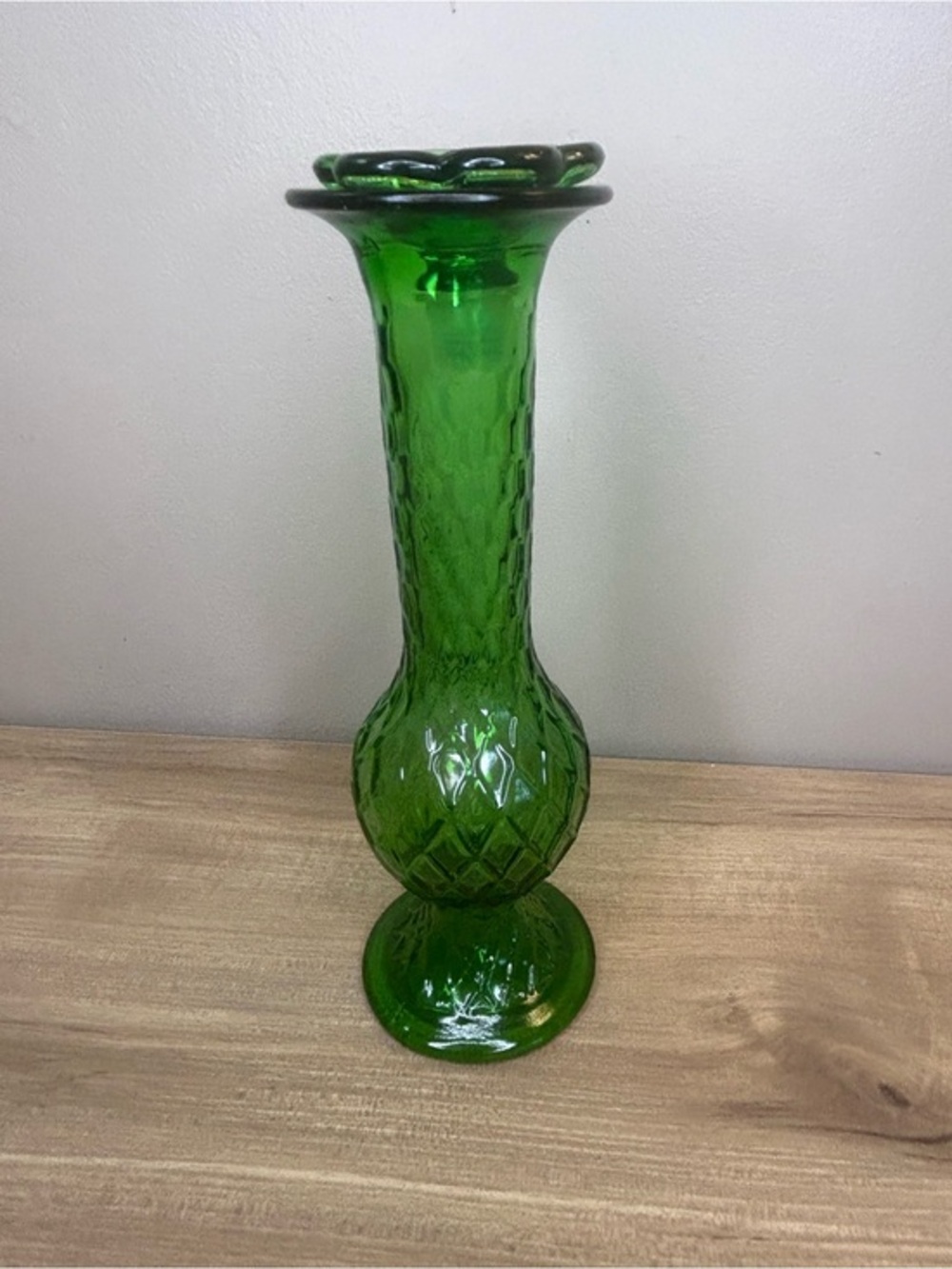 Vintage Green Diamond-Pattern Glass Vase - Vintage